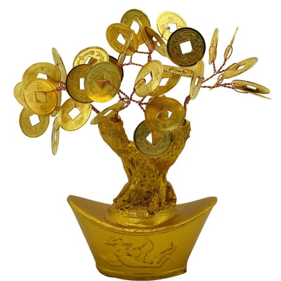 Golden 5.5 In Chinese Lucky Coin Tree on Gold Ingot Feng Shui Wealth Prosperity - Picture 2 of 4